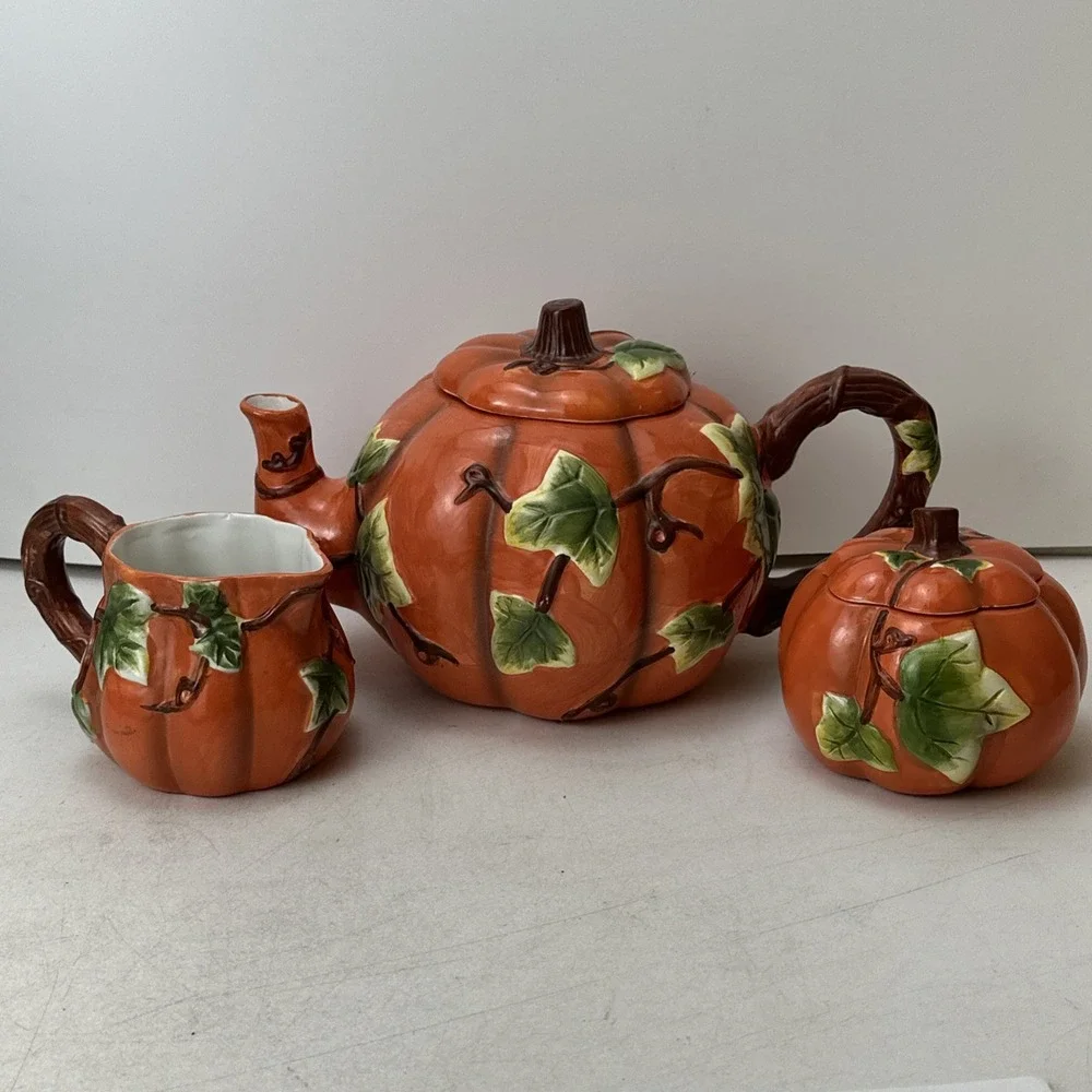 Vintage Rich Talent Majolica Style Pumpkin Teapot Creamer Halloween Autumn Fall